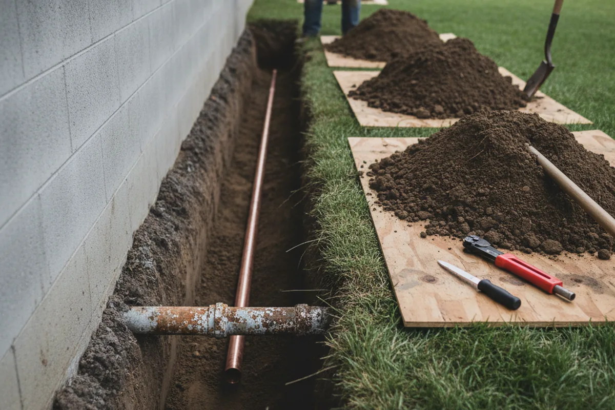 Excavated water line trench during Sewer Line Repair in Red Rock